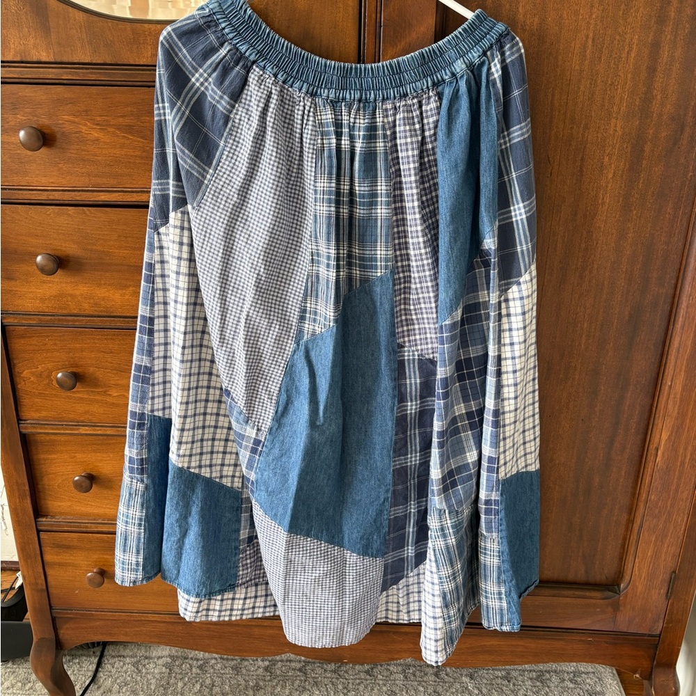 Patchwork Denim and Plaid Skirt